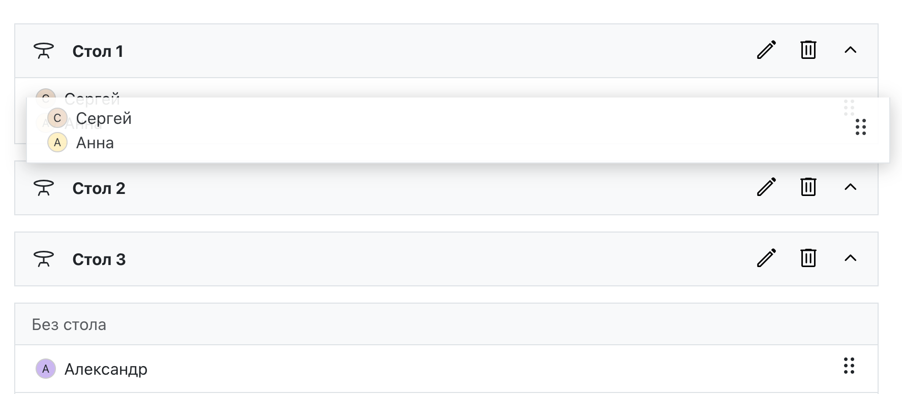 Перенесення блоку з гостями до потрібного столу