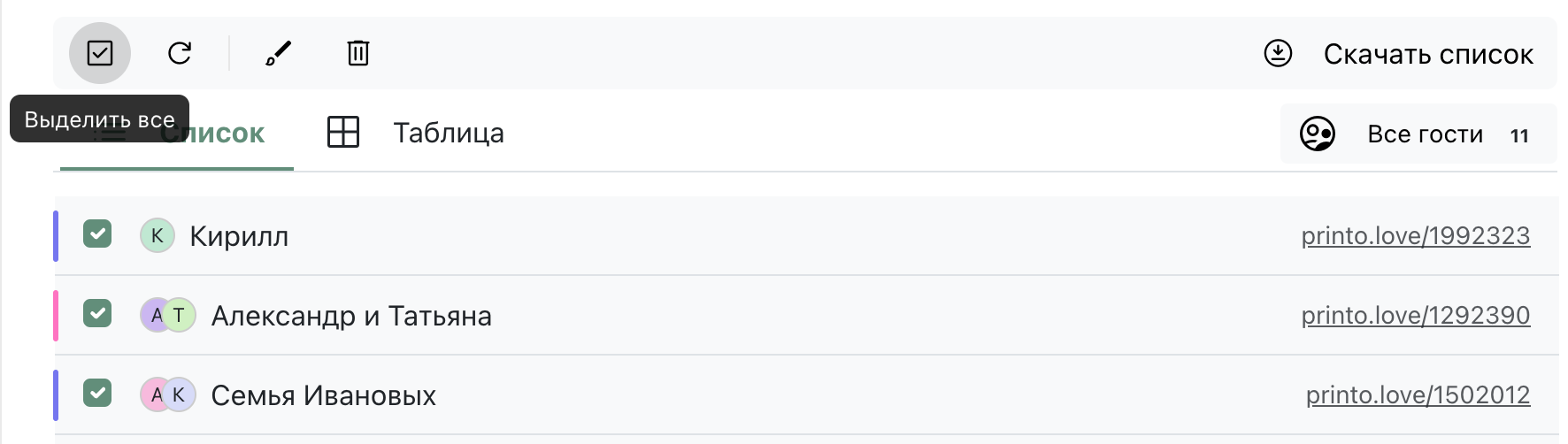 Виділення всіх запрошень
